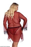 Romantic robe, sheer mesh, deep neckline, lace inlays, flared sleeves, plus size